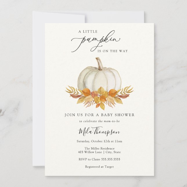 Invitation Petite Citrouille classique Baby shower d'automne  (Devant)