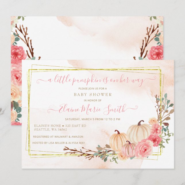 Invitation petite citrouille en chemin baby shower rose (Devant / Derrière)
