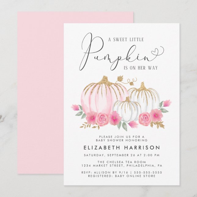 Invitation Petite Citrouille Floral Aquarelle bébé fille (Devant / Derrière)
