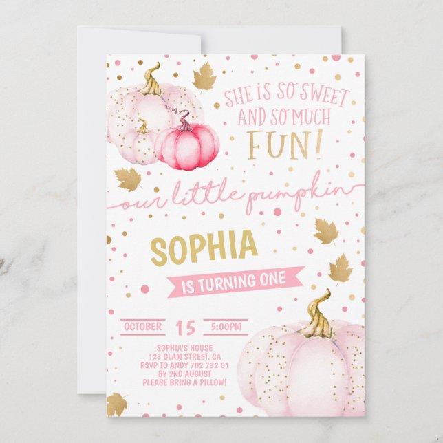 Invitation Petite Citrouille rose 1er anniversaire Parties sc (Devant)