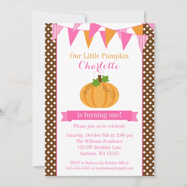 Invitation Petite Citrouille Rose Orange Bunting Girl Anniver (Devant)