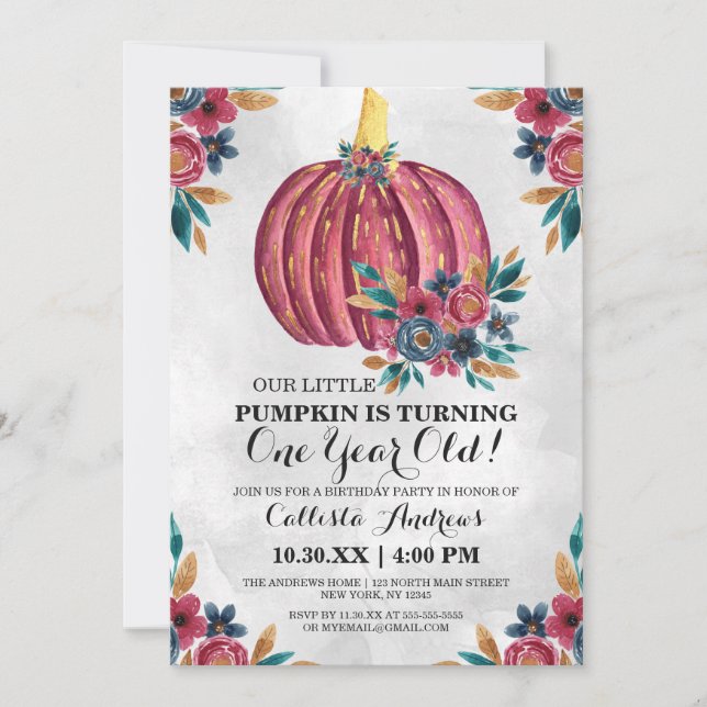 Invitation Petite Citrouille Rouge Floral Aquarelle 1er anniv (Devant)
