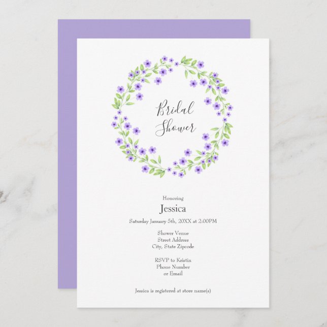 Invitation Petite couronne d'aquarelle de fleurs de violet (Devant / Derrière)