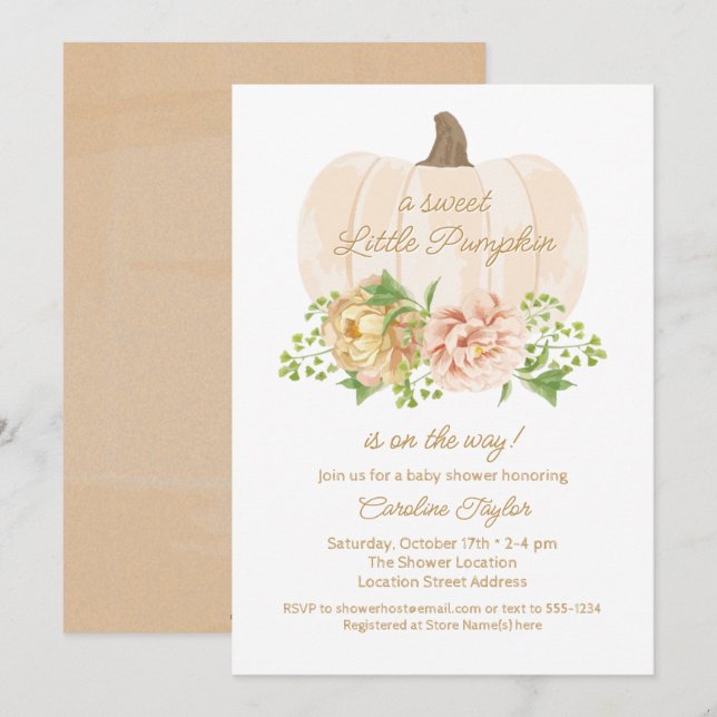 Invitation Petite Crème Citrouille Florale Baby shower Invita (Devant / Derrière)