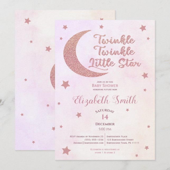 Invitation Petite étoile rose parties scintillant bébé douche (Devant / Derrière)