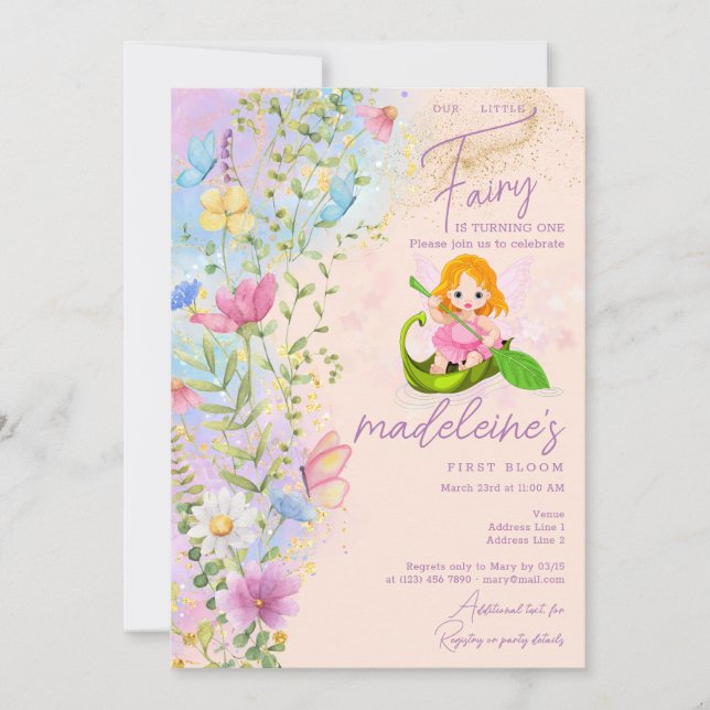 Invitation Petite fée Fleur sauvage magique fille 1er anniver (Devant)