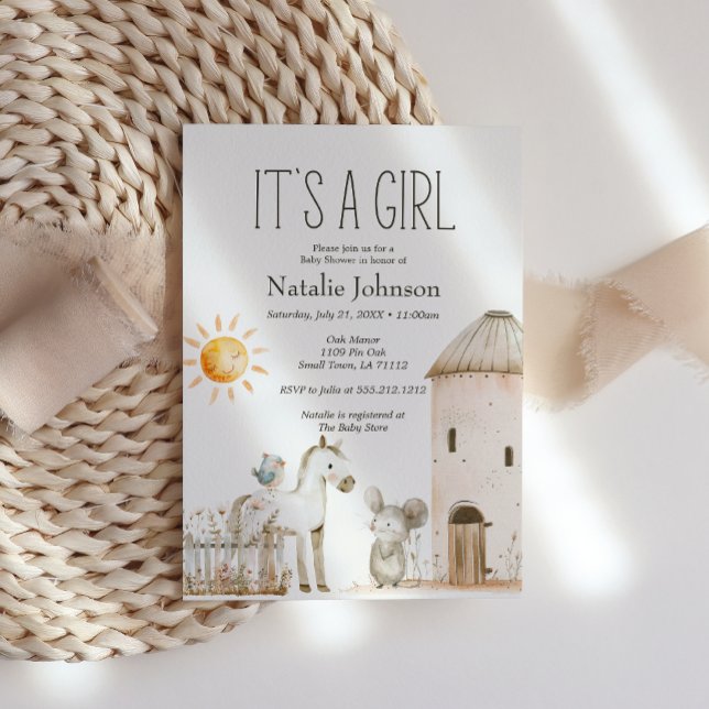 Invitation Petite ferme Nursery Animaux Fille Baby shower (Créateur téléchargé)