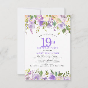 Invitation PETITE Fête d'anniversaire 19 ans Fleurs de rose v