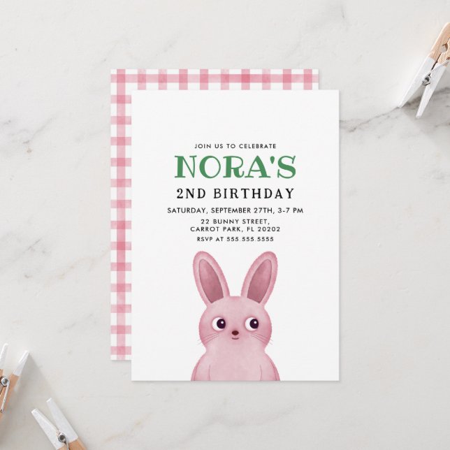 Invitation Petite fête d'anniversaire de fille avec lapin ros (Devant/Arrière en situation)
