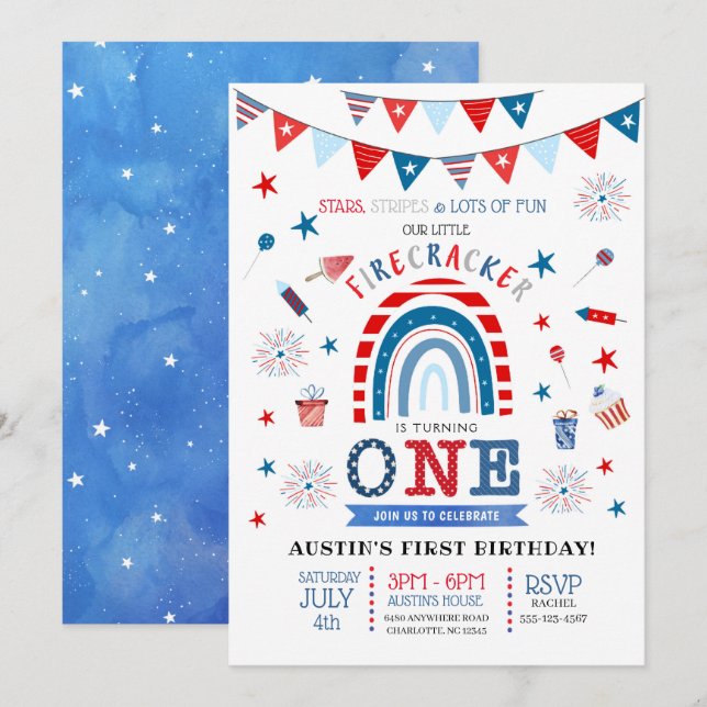 Invitation Petite fêteuse Rouge Blanc & Bleu Anniversaire (Devant / Derrière)