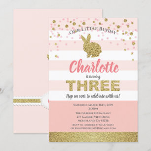 Invitation Petite fille à trois ans rose et or lapin