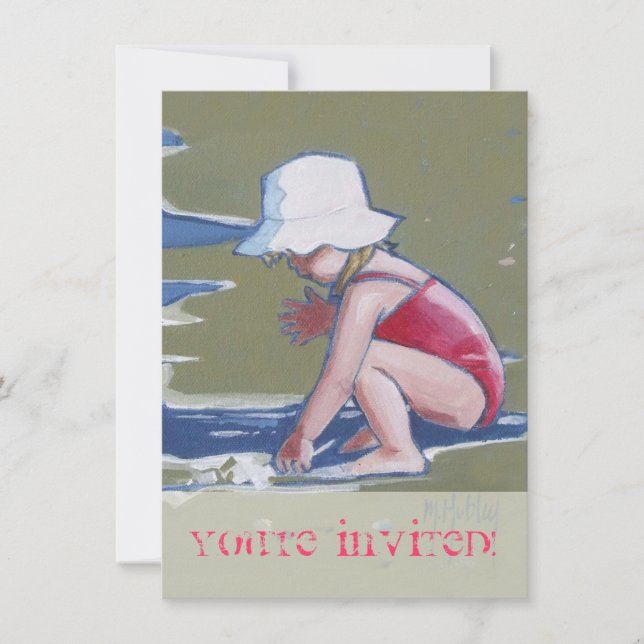 Invitation Petite fille avec casquette sur la plage avec vagu (Devant)