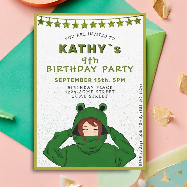 Invitation Petite fille avec grenouille verte Hoody Dessin An (Créateur téléchargé)