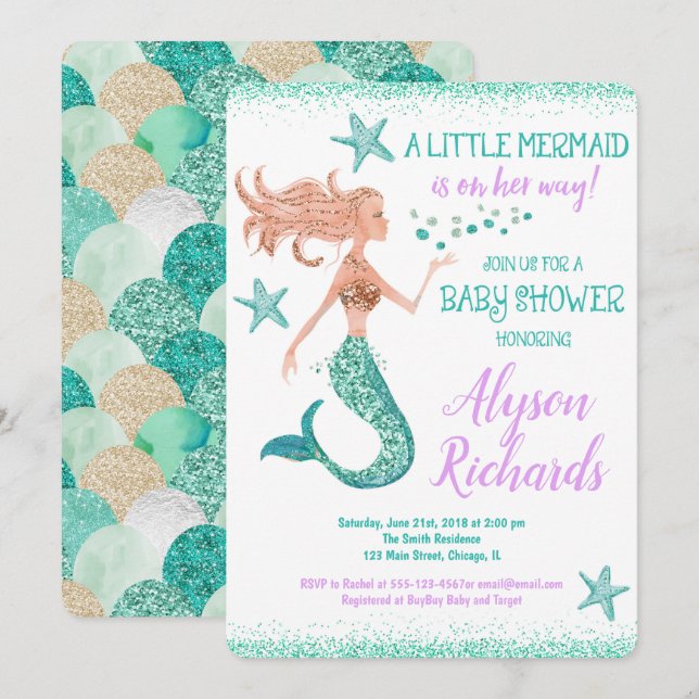 Invitation Petite fille baby shower de sirène sous la mer (Devant / Derrière)