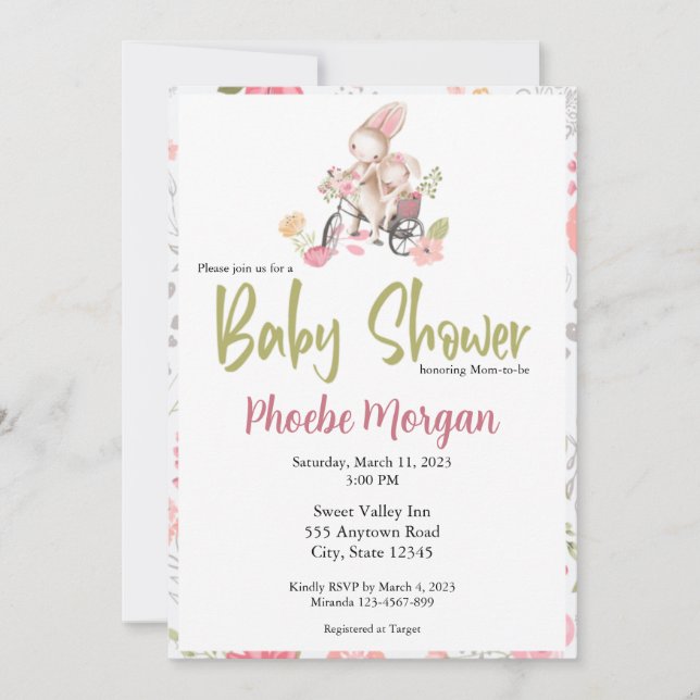 Invitation Petite fille baby shower invitation, Lapin (Devant)