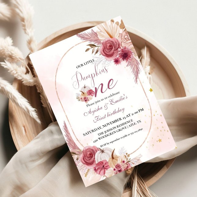 Invitation Petite fille Citrouille jumelle rose 1er anniversa (Créateur téléchargé)
