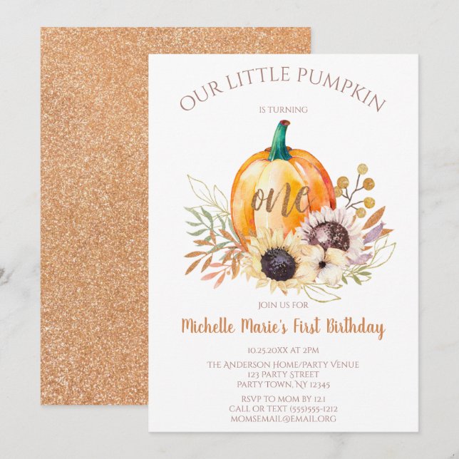 Invitation Petite fille Citrouille premier anniversaire (Devant / Derrière)