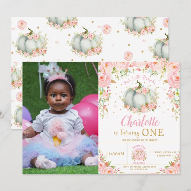 Invitation Petite fille Citrouille rose florale 1er anniversa (Devant / Derrière)