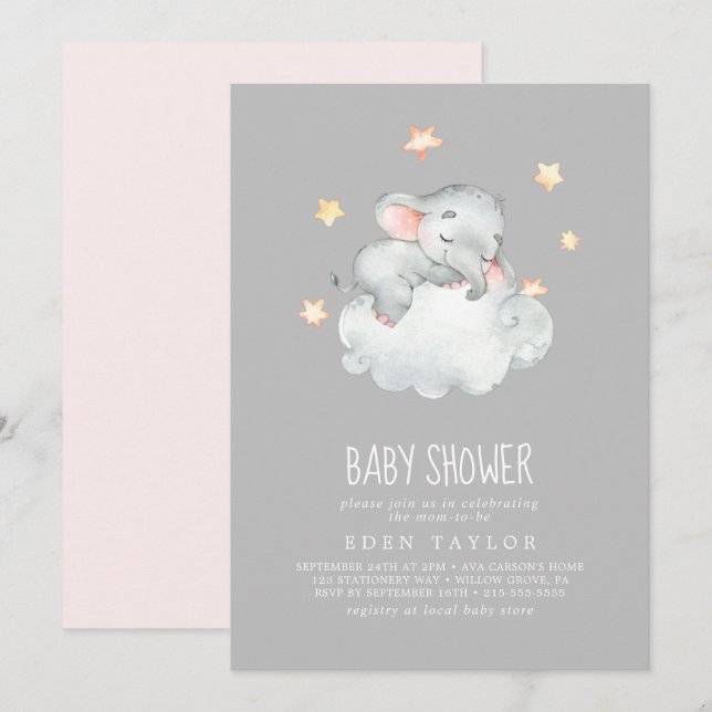 Invitation Petite fille éléphante qui dort | Baby shower gris (Devant / Derrière)