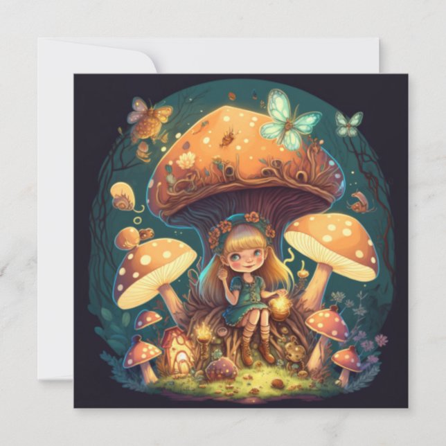 Invitation Petite fille elfe parmi les champignons (Devant)