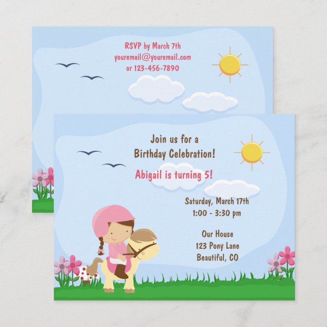 Invitation Petite fille équitation un poney ~ Cheval Annivers (Devant / Derrière)