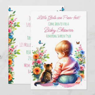 Invitation Petite fille et chaton   Baby shower aquarelle