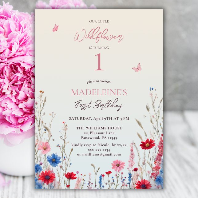 Invitation Petite fille Fleur sauvage 1er anniversaire (Créateur téléchargé)