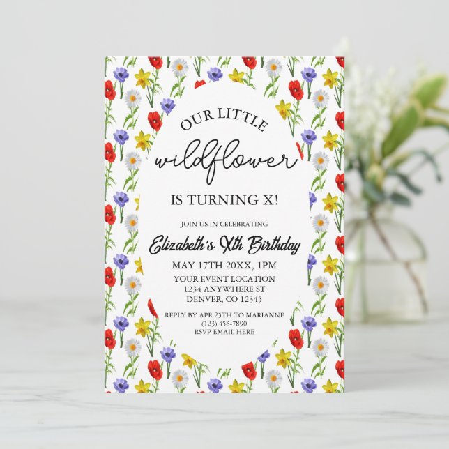 Invitation Petite fille Fleur sauvage Anniversaire (Debout devant)