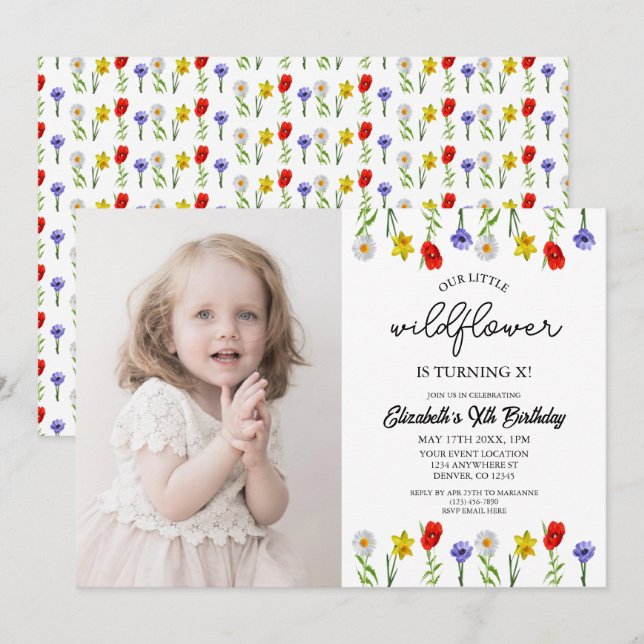 Invitation Petite fille Fleur sauvage Anniversaire (Devant / Derrière)