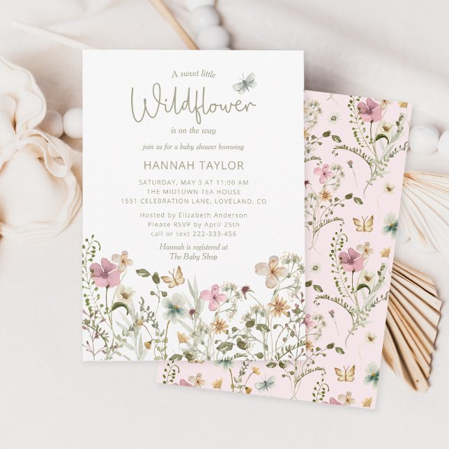 Invitation Petite fille Fleur sauvage Baby shower rose Invita (Créateur téléchargé)