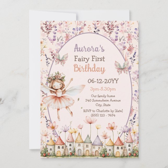 Invitation Petite fille Fleur sauvage Fée Premier anniversair (Devant)