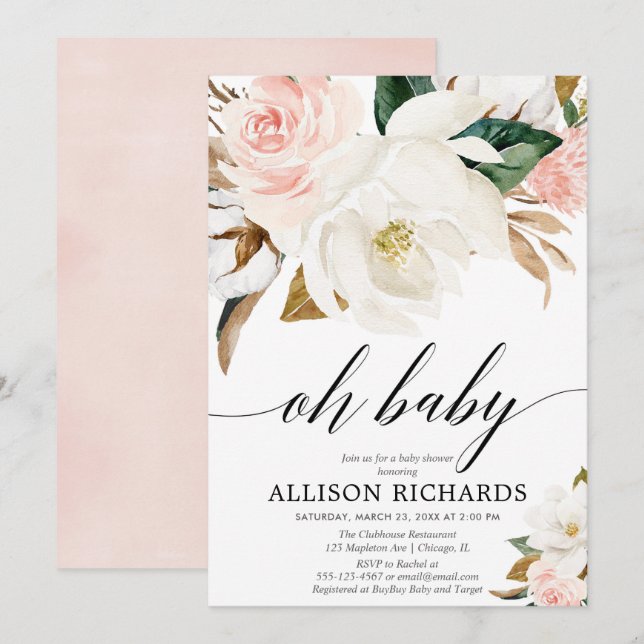 Invitation Petite fille florale de style magnolia rose pâle (Devant / Derrière)