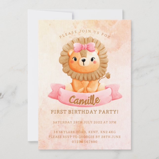 Invitation Petite fille Lion anniversaire (Devant)