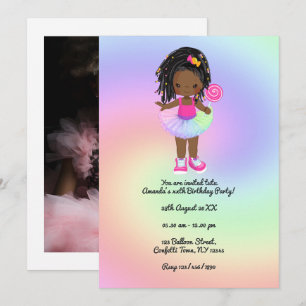 Invitation Petite Fille Noire Tutu Coloré Fête d'Anniversaire