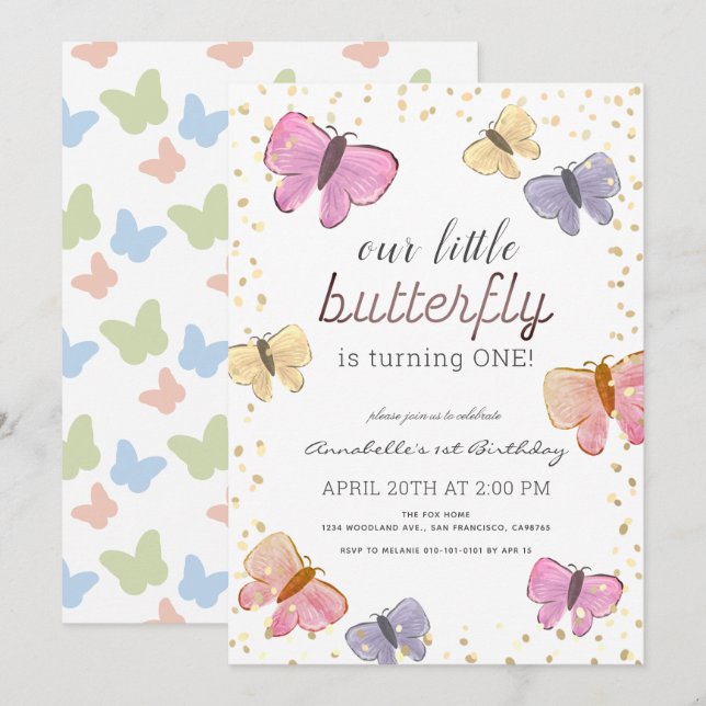 Invitation Petite fille papillon 1er anniversaire (Devant / Derrière)
