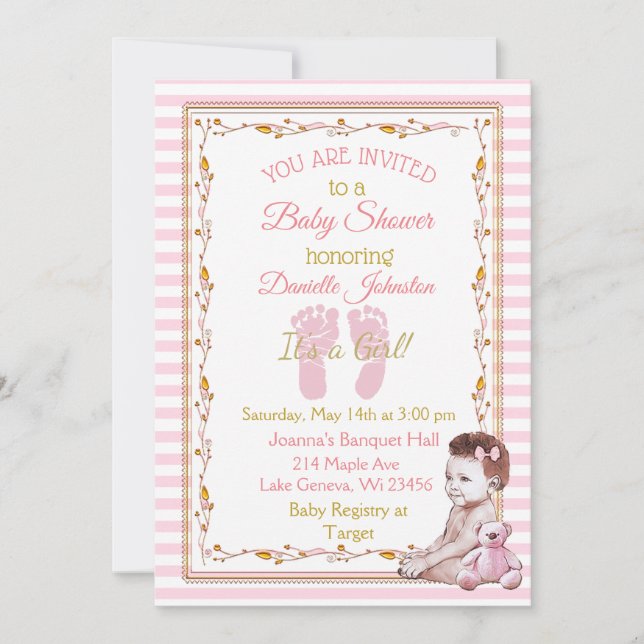Invitation Petite fille personnalisée Baby shower rose et or (Devant)