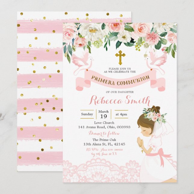 Invitation Petite Fille Priant Première Communion (Devant / Derrière)