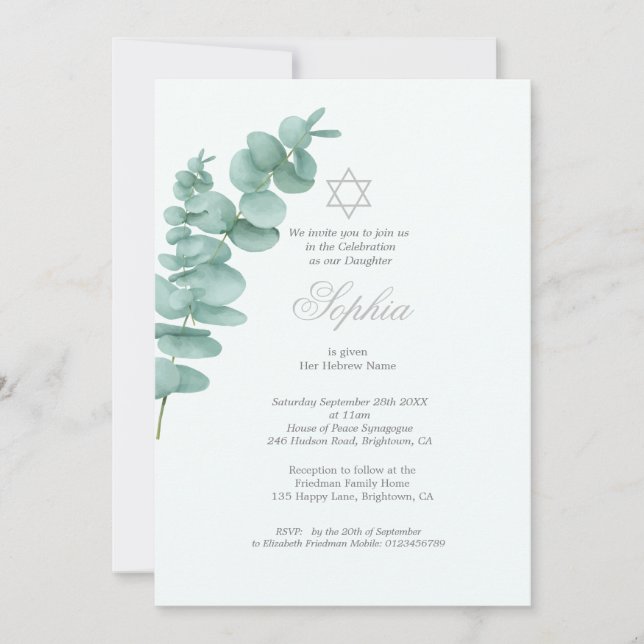 Invitation Petite fille qui nomme Eucalyptus Hébreu verdure (Devant)