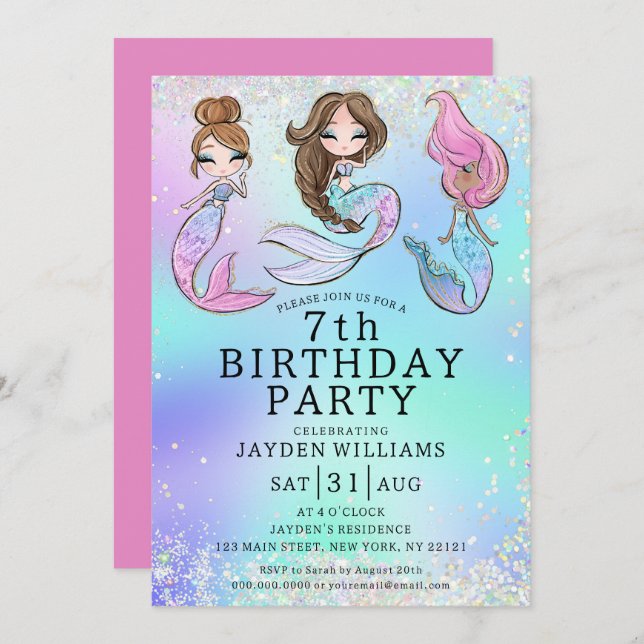 Invitation Petite fille sirène Anniversaire (Devant / Derrière)