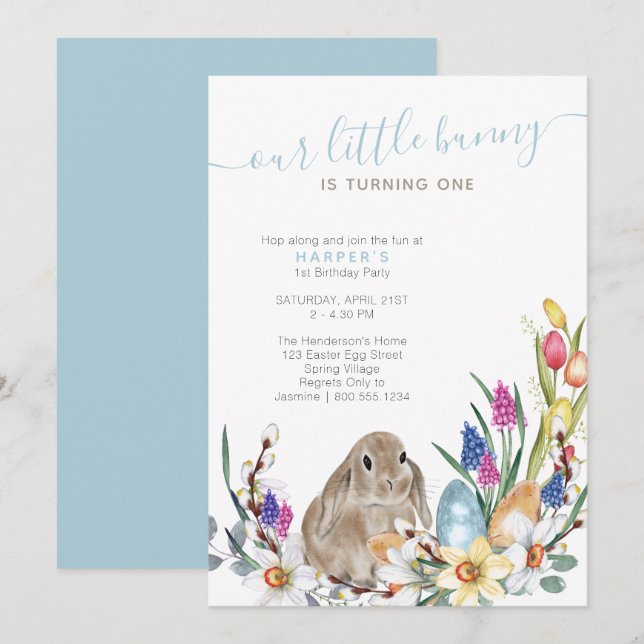Invitation Petite fleur de printemps Bunny et lapin 1er anniv (Devant / Derrière)