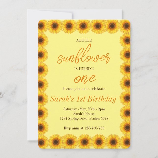 Invitation Petite Fleur de tournesol Fille premier anniversai (Devant)