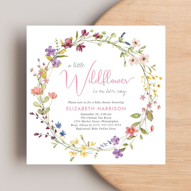 Invitation Petite Fleur sauvage Aquarelle rose bébé fille Dou (Créateur téléchargé)