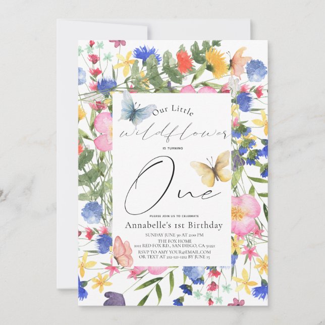 Invitation Petite Fleur sauvage papillon fille 1er anniversai (Devant)