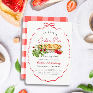 Invitation Petite Gâtelette Fraises Ruban Rouge 1er Anniversa