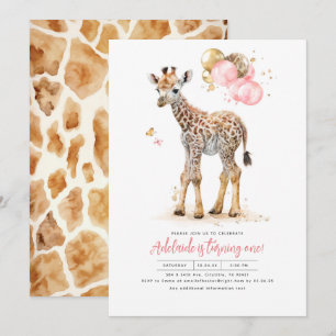 Invitation Petite girafe rose et Brown fille anniversaire