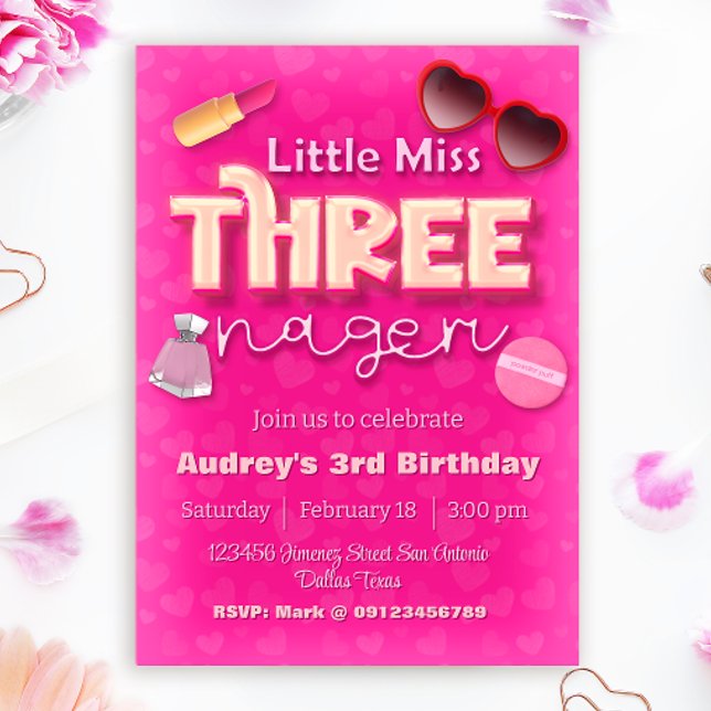 Invitation Petite Mademoiselle Threenager - Fille 3e Annivers (Little Miss Threenager - Girl 3rd Birthday Invitation)