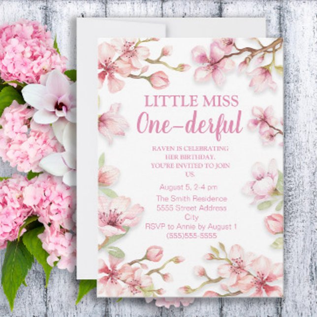 Invitation Petite Miss 1er Anniversaire Rose Floral (Créateur téléchargé)