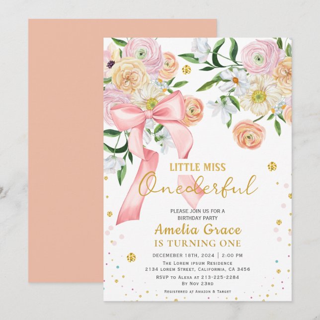 Invitation Petite miss onderful peach girl 1er anniversaire (Devant / Derrière)