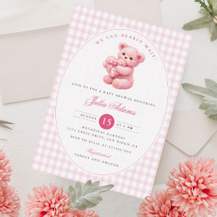 Invitation Petite Ourson Rose à Carreaux Baby Shower