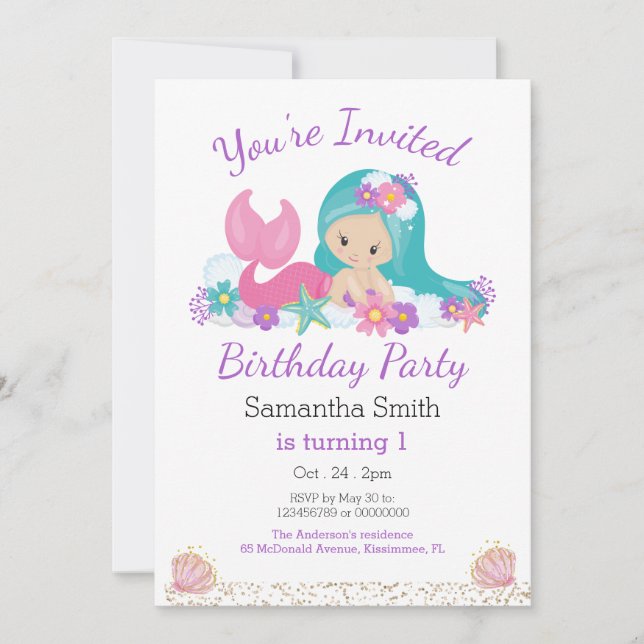 Invitation Petite Parties scintillant de sirène fête d'annive (Devant)